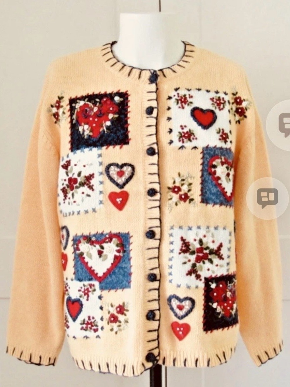 VTG 90s Heirloom Collectibles Knitted Heart Cardigan Sweater XL Cottagecore